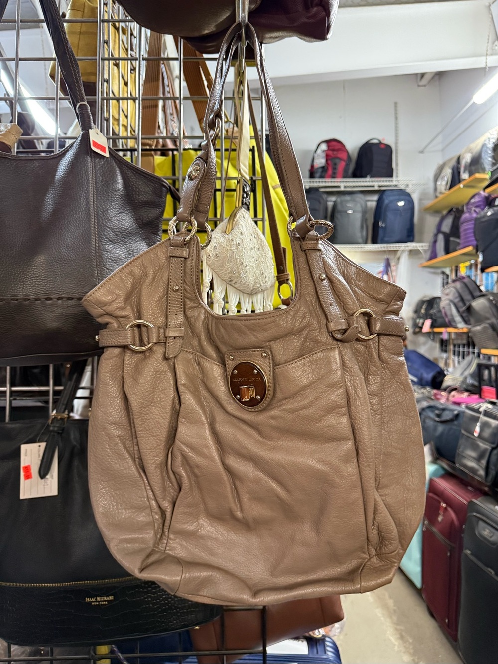 Vintage Elliot Lucca Taupe Leather Shoulder Tote Bag - Classic Women's Handbag